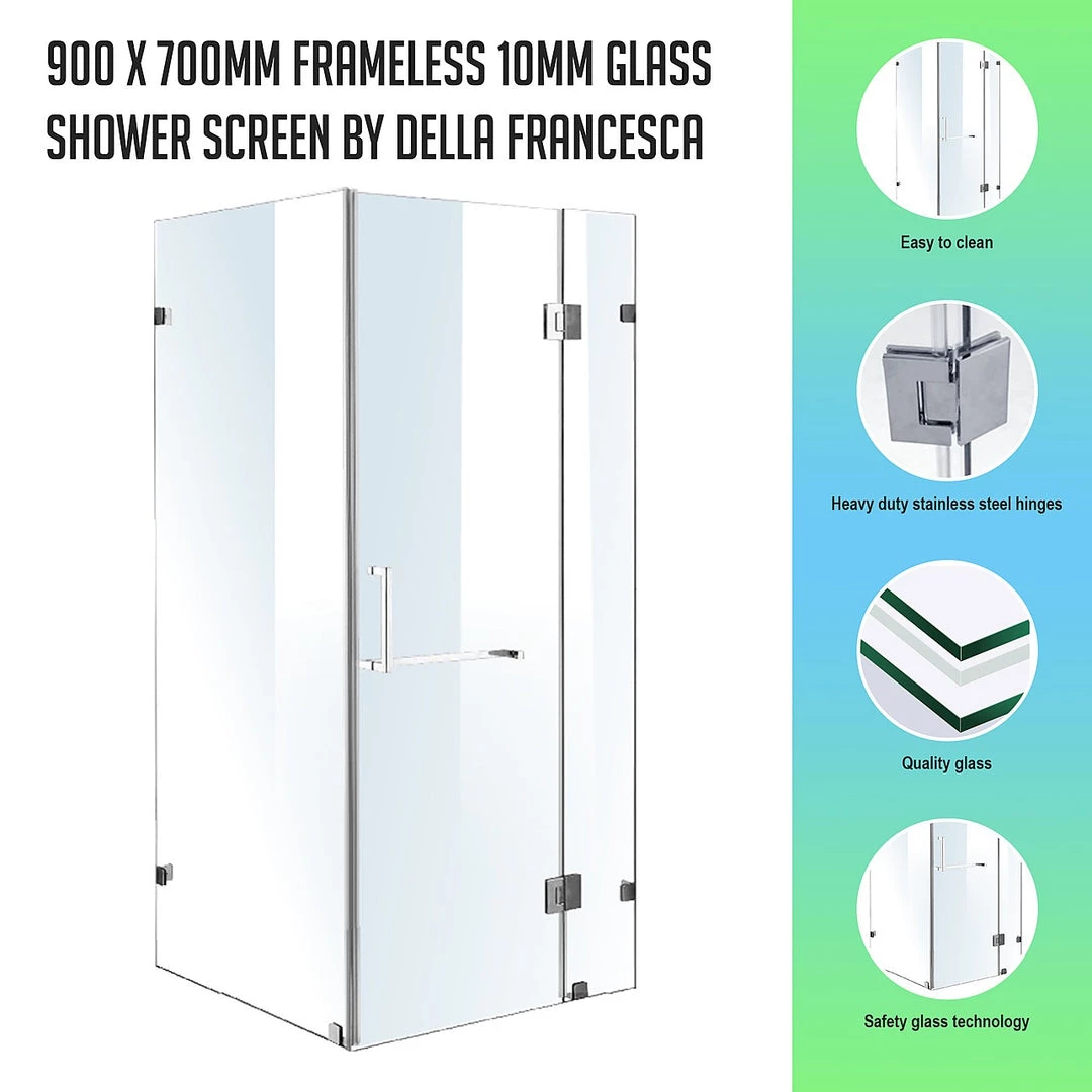 90 X 70cm Frameless 10mm Glass Shower Screen By Della Francesca CHROME Hinges/Brackets And SQUARE Handle DIY & Renovation