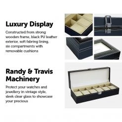 Randy & Travis Machinery 6 Slot Men’s Watch Display Case Box Black PU Leather