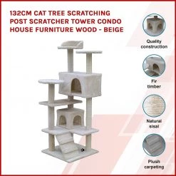 Randy & Travis Machinery Home & Lifestyle 132cm Cat Tree Scratching Post Scratcher Tower Condo House Furniture Wood - Beige