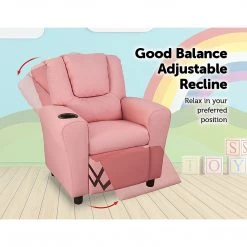 Palermo PU Leather Kids Recliner With Drink Holder - Pink