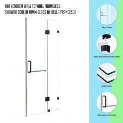 Della Francesca 100 X 200cm Wall To Wall Frameless Shower Screen In Black Hardware With Round Handle