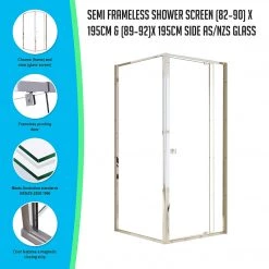 Della Francesca DIY & Renovation Front: (82~90) X 195cm Adjustable Semi Frameless Shower Screen In Chrome Side: (89~92) X 195cm