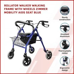 Randy & Travis Machinery Home & Lifestyle Rollator Walker Walking Frame With Wheels Zimmer Mobility Aids Seat Blue