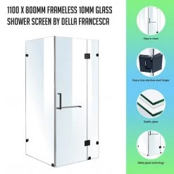 110 X 80cm Frameless 10mm Glass Shower Screen By Della Francesca BLACK Hinges/Brackets And SQUARE Handle DIY & Renovation