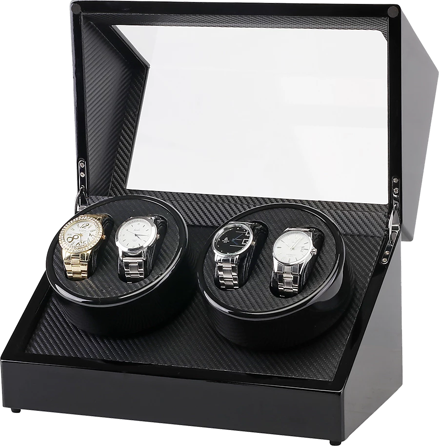 Randy & Travis Machinery Automatic Quad Watch Winder Wood Display Box Case Motor Rotation Storage