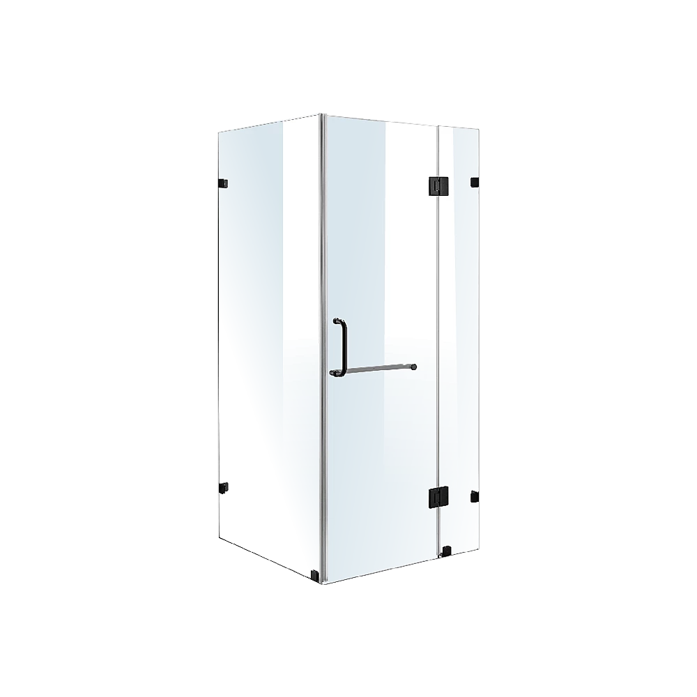 90 X 100cm Frameless 10mm Glass Shower Screen By Della Francesca BLACK Hinges/Brackets And ROUND Handle