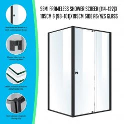 Della Francesca Front: (114~122) X 195cm Adjustable Semi Frameless Shower Screen In Black Side: (98~101) X 195cm DIY & Renovation