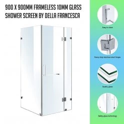 90 X 90cm Frameless 10mm Glass Shower Screen By Della Francesca CHROME Hinges/Brackets And SQUARE Handle DIY & Renovation