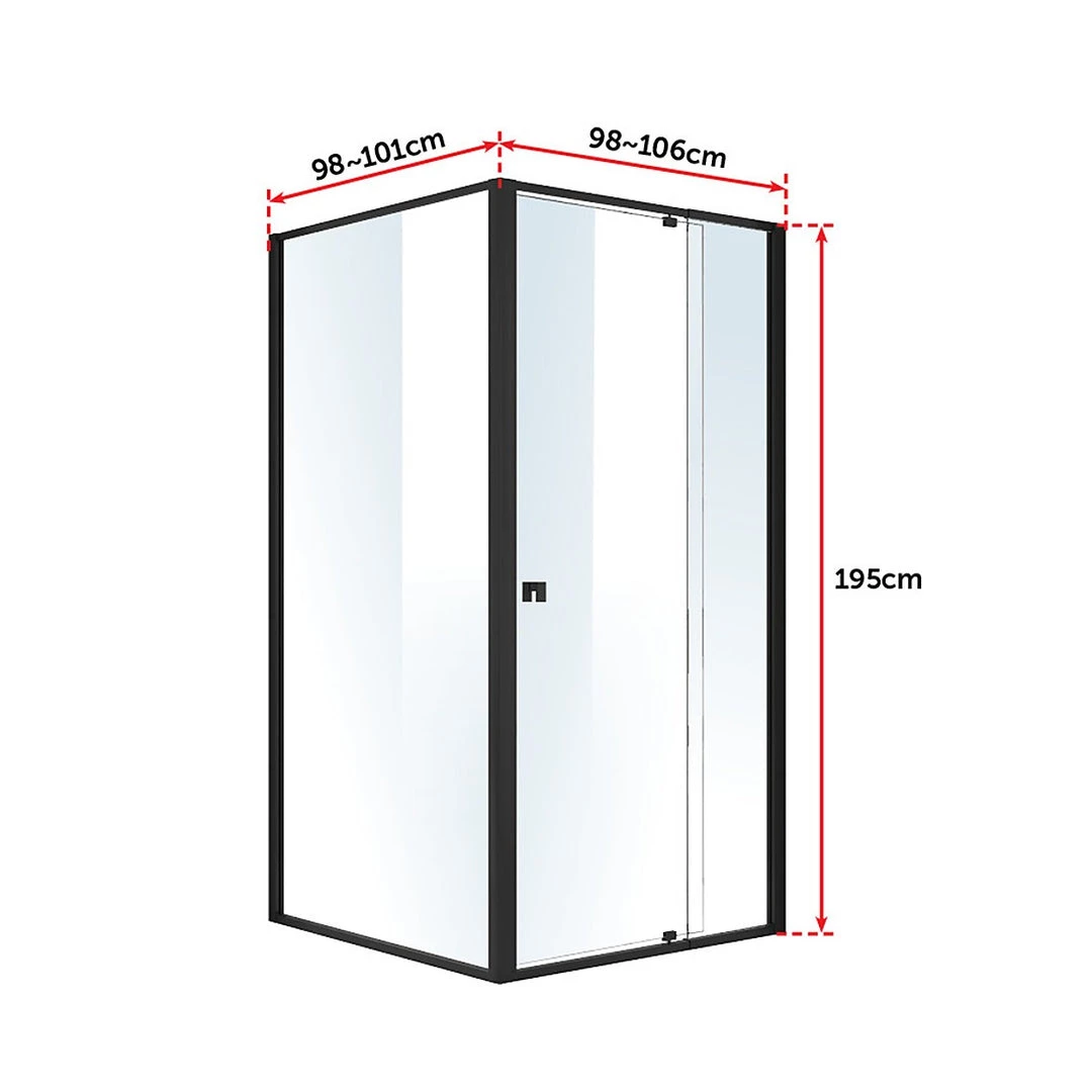 Della Francesca Front: (98~106) X 195cm Adjustable Semi Frameless Shower Screen In Black Side: (98~101) X 195cm