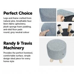 Randy & Travis Machinery Grey Fabric Ottoman Foot Stool Rest Pouffe Wood Padded Seat Round Furniture