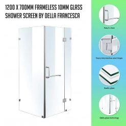 120 X 70cm Frameless 10mm Glass Shower Screen By Della Francesca CHROME Hinges/Brackets And ROUND Handle DIY & Renovation