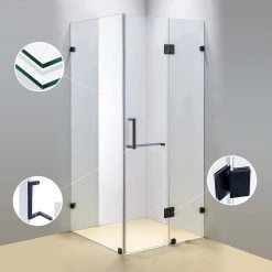 110 X 100cm Frameless 10mm Glass Shower Screen By Della Francesca BLACK Hinges/Brackets And SQUARE Handle