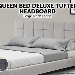 Palermo Beige Linen Fabric Queen Deluxe Tufted Headboard Bedhead Furniture
