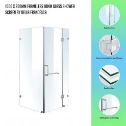 100 X 80cm Frameless 10mm Glass Shower Screen By Della Francesca CHROME Hinges/Brackets And ROUND Handle