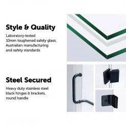 90 X 100cm Frameless 10mm Glass Shower Screen By Della Francesca BLACK Hinges/Brackets And ROUND Handle