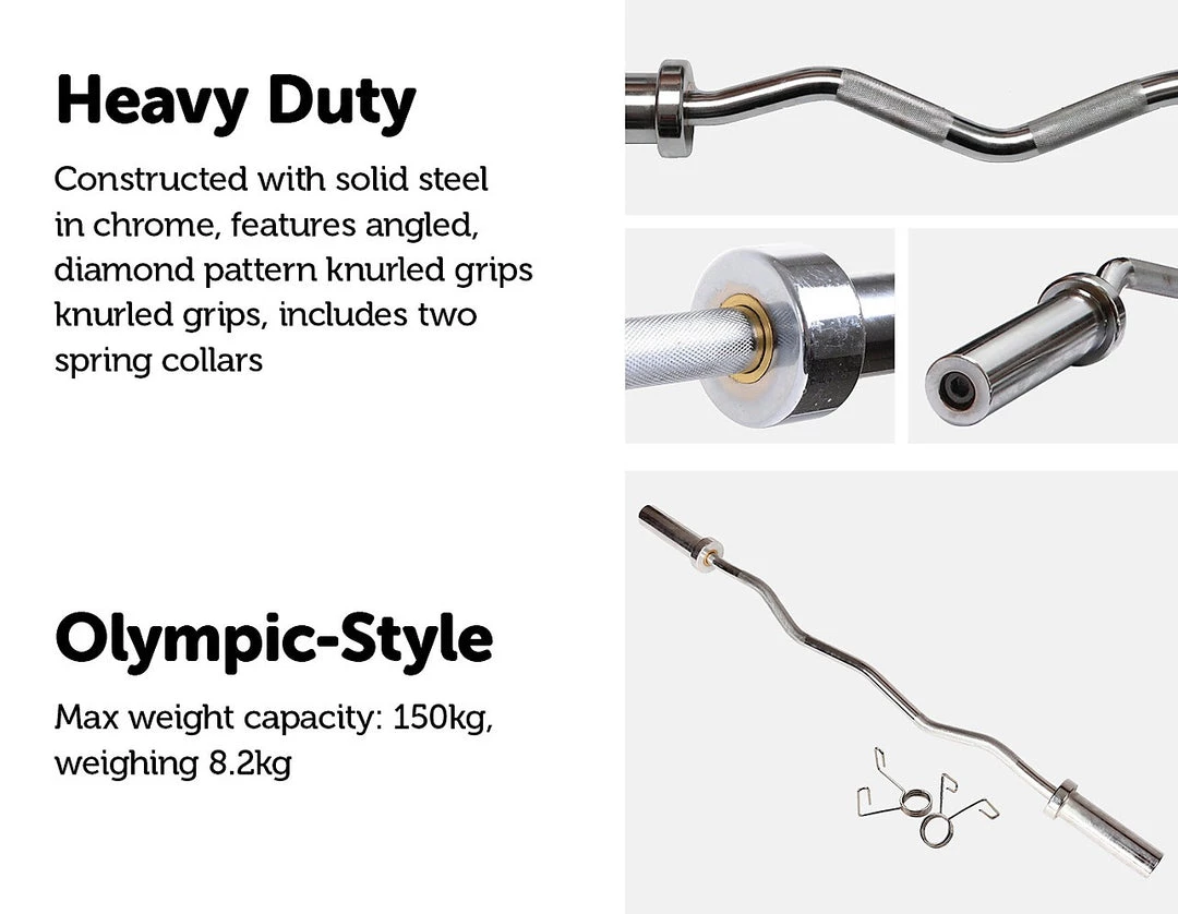 Randy & Travis Machinery Sports & Fitness Chrome Olympic Curl Bar Barbell Heavy Duty EZ With Spring Collars