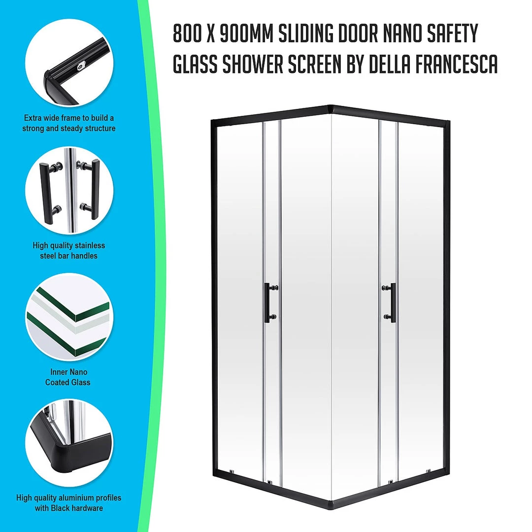 Della Francesca 800 X 900mm Sliding Door Nano Safety Glass Shower Screen In Black DIY & Renovation