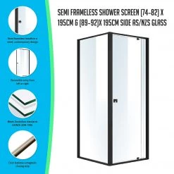 Della Francesca Front: (74~82) X 195cm Adjustable Semi Frameless Shower Screen In Black Side: (89~92) X 195cm DIY & Renovation