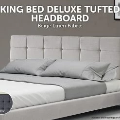 Palermo Beige Linen Fabric King Deluxe Tufted Headboard Bedhead Furniture