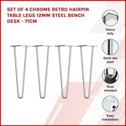 Della Francesca Furniture Set Of 4 Chrome Retro Hairpin Table Legs 12mm Steel Bench Desk - 71cm