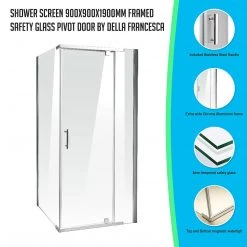 Della Francesca 900 X 900 X 1900mm Framed Safety Glass Pivot Door Shower Screen In CHROME