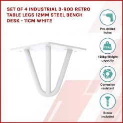 Della Francesca Set Of 4 White Industrial Retro 3-Rod Table Legs 12mm Steel Bench Desk - 11cm Furniture