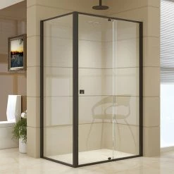 Della Francesca DIY & Renovation Front: (114~122) X 195cm Adjustable Semi Frameless Shower Screen In Black Side: (77~80) X 195cm