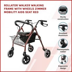 Randy & Travis Machinery Home & Lifestyle Rollator Walker Walking Frame With Wheels Zimmer Mobility Aids Seat Red