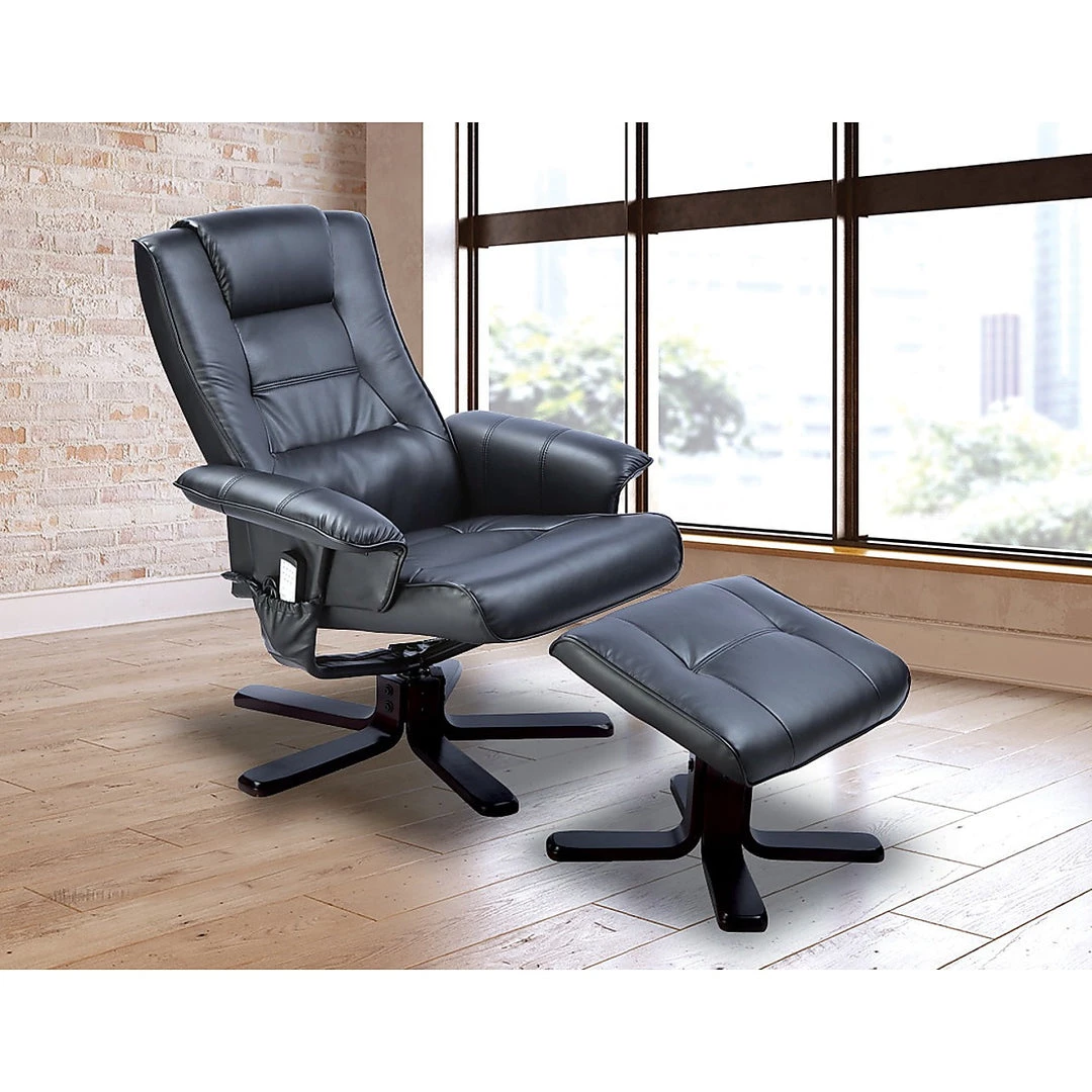 Palermo PU Leather Massage Chair Recliner Ottoman Lounge Remote - Black