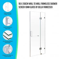 Della Francesca DIY & Renovation 90 X 200cm Wall To Wall Frameless Shower Screen In CHROME Hardware With SQUARE Handle