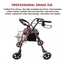 Randy & Travis Machinery Home & Lifestyle Rollator Walker Walking Frame With Wheels Zimmer Mobility Aids Seat Red