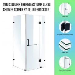 110 X 80cm Frameless 10mm Glass Shower Screen By Della Francesca BLACK Hinges/Brackets And ROUND Handle DIY & Renovation