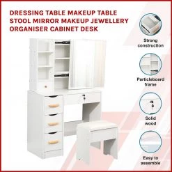 Palermo Dressing Table Makeup Table Stool Mirror Makeup Jewellery Organiser Cabinet Desk