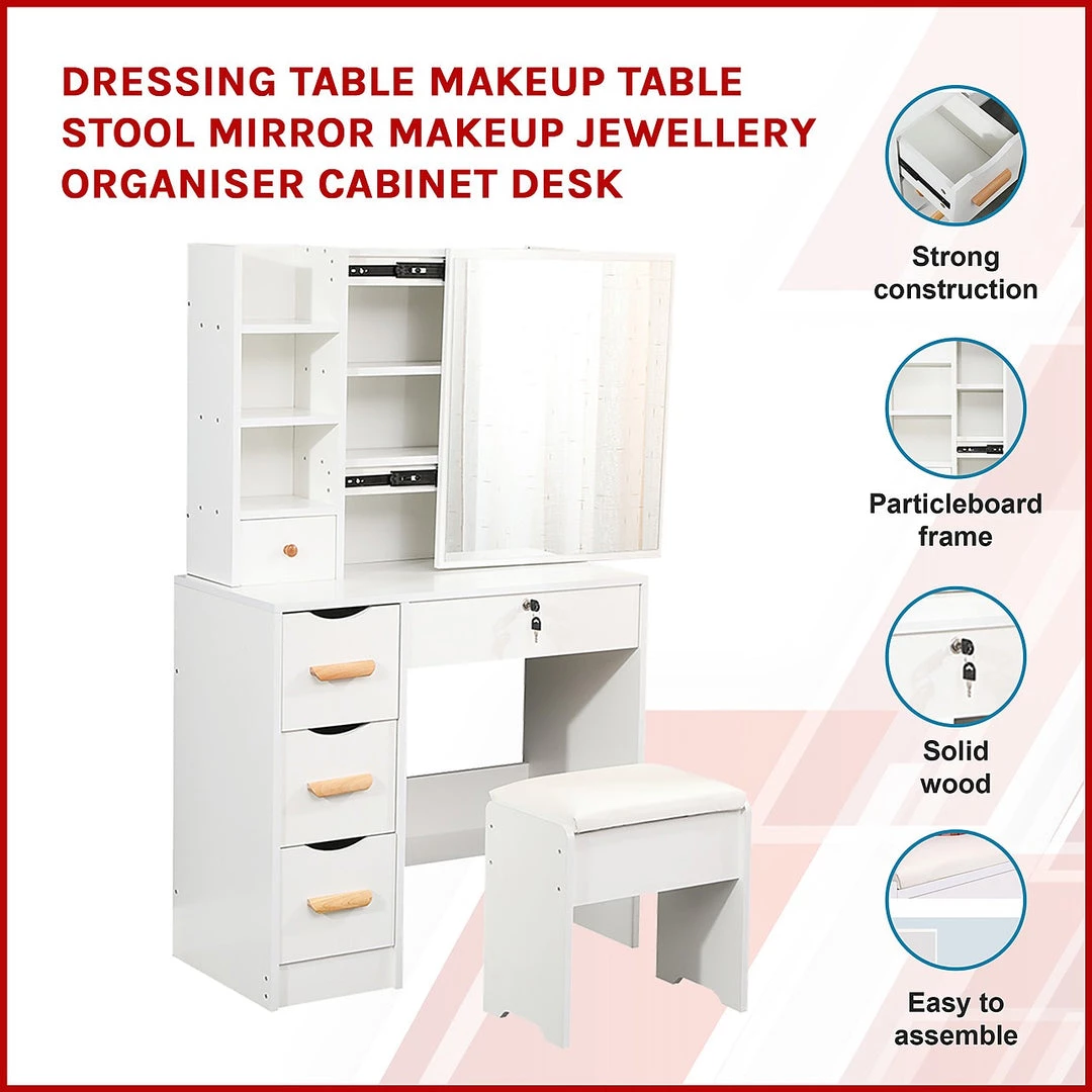 Palermo Dressing Table Makeup Table Stool Mirror Makeup Jewellery Organiser Cabinet Desk