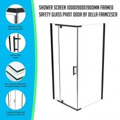 Della Francesca 1000 X 900 X 1900mm Framed Safety Glass Pivot Door Shower Screen In Black DIY & Renovation