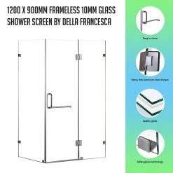 120 X 90cm Frameless 10mm Glass Shower Screen By Della Francesca Nickel Hinges/Brackets And Round Handle