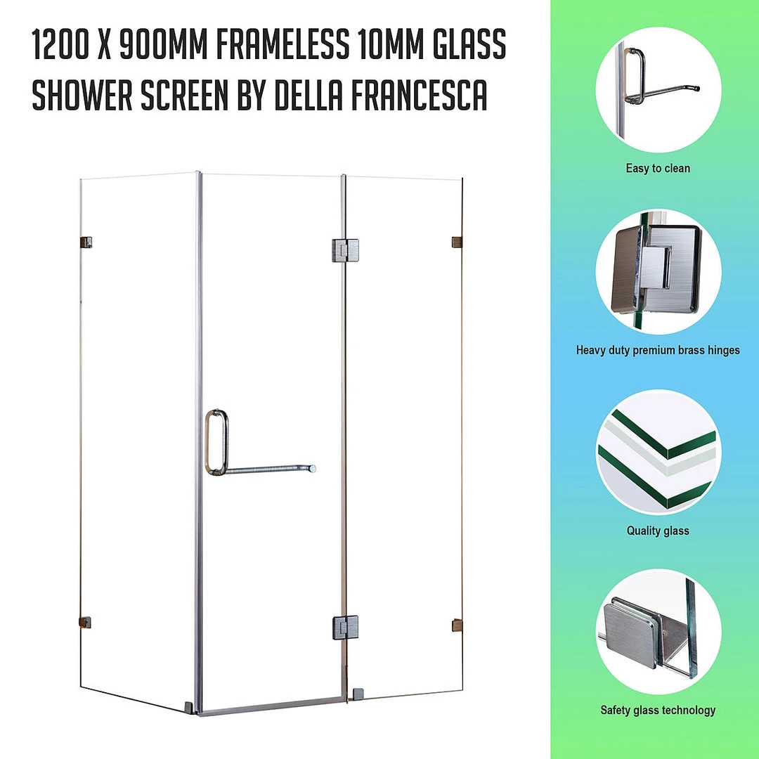 120 X 90cm Frameless 10mm Glass Shower Screen By Della Francesca Nickel Hinges/Brackets And Round Handle