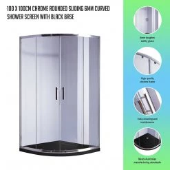 Della Francesca 100 X 100cm Rounded Sliding 6mm Curved Shower Screen With Base In Chrome With Black Base DIY & Renovation