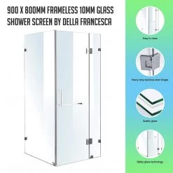 90 X 80cm Frameless 10mm Glass Shower Screen By Della Francesca CHROME Hinges/Brackets And SQUARE Handle