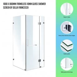 100 X 80cm Frameless 10mm Glass Shower Screen By Della Francesca CHROME Hinges/Brackets And SQUARE Handle