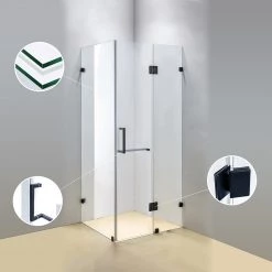 110 X 70cm Frameless 10mm Glass Shower Screen By Della Francesca BLACK Hinges/Brackets And SQUARE Handle