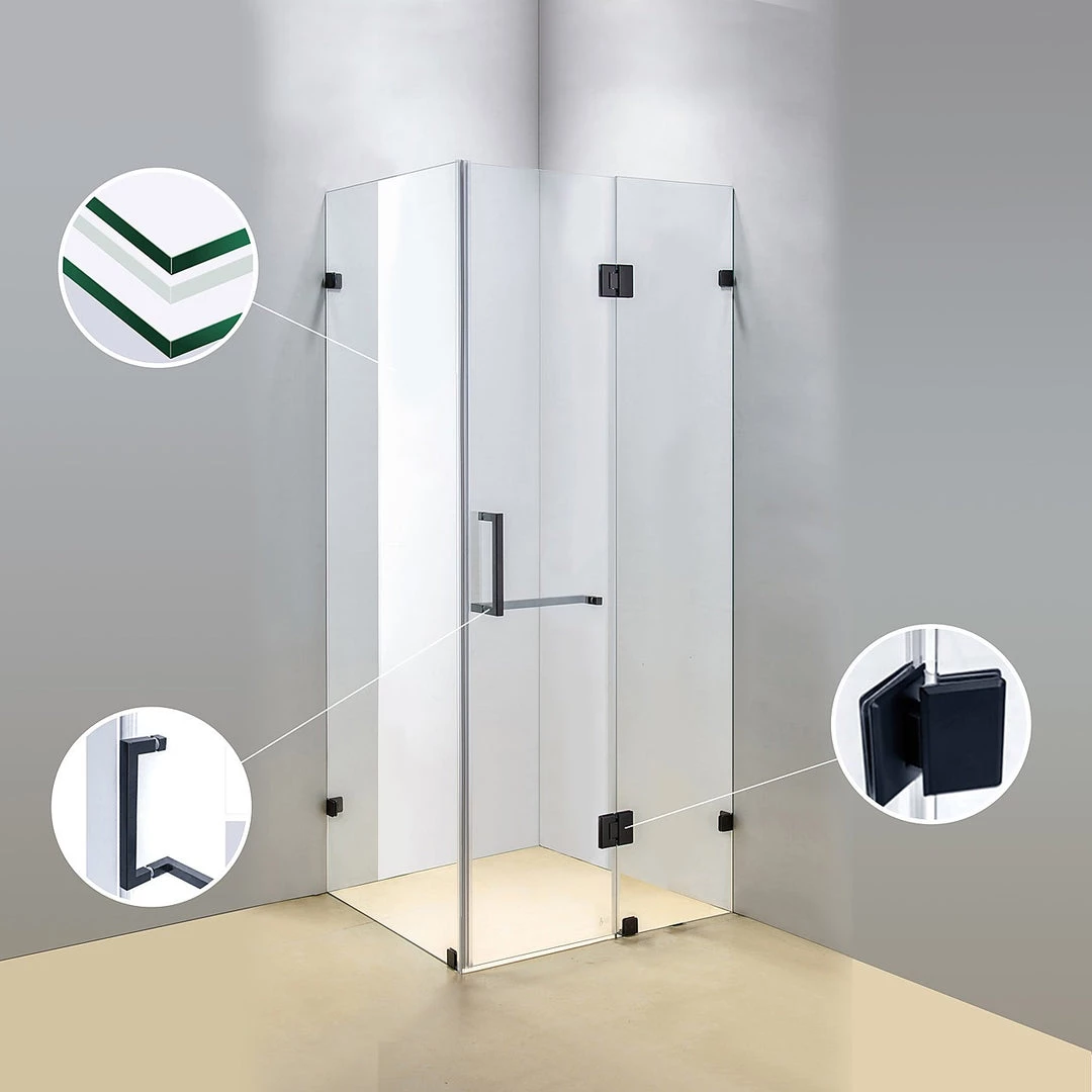 110 X 70cm Frameless 10mm Glass Shower Screen By Della Francesca BLACK Hinges/Brackets And SQUARE Handle