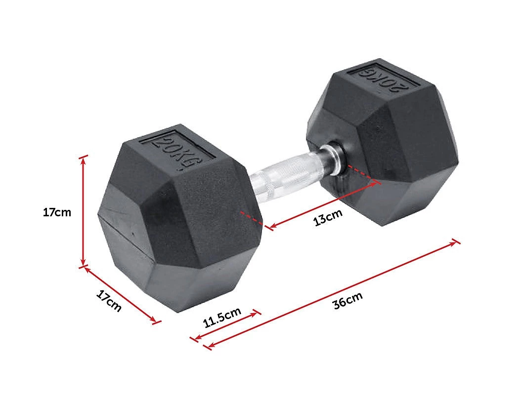 Randy & Travis Machinery Sports & Fitness 20kg Commercial Rubber Hex Dumbbell Gym Weight