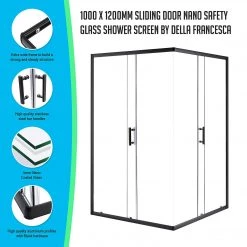 Della Francesca 1000 X 1200mm Sliding Door Nano Safety Glass Shower Screen In Black