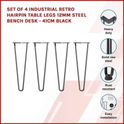 Della Francesca Set Of 4 Industrial Retro Hairpin Table Legs 12mm Steel Bench Desk - 41cm Black