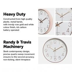 Randy & Travis Machinery Modern Wall Clock Silent Non-Ticking Quartz Battery Operated Rose Gold