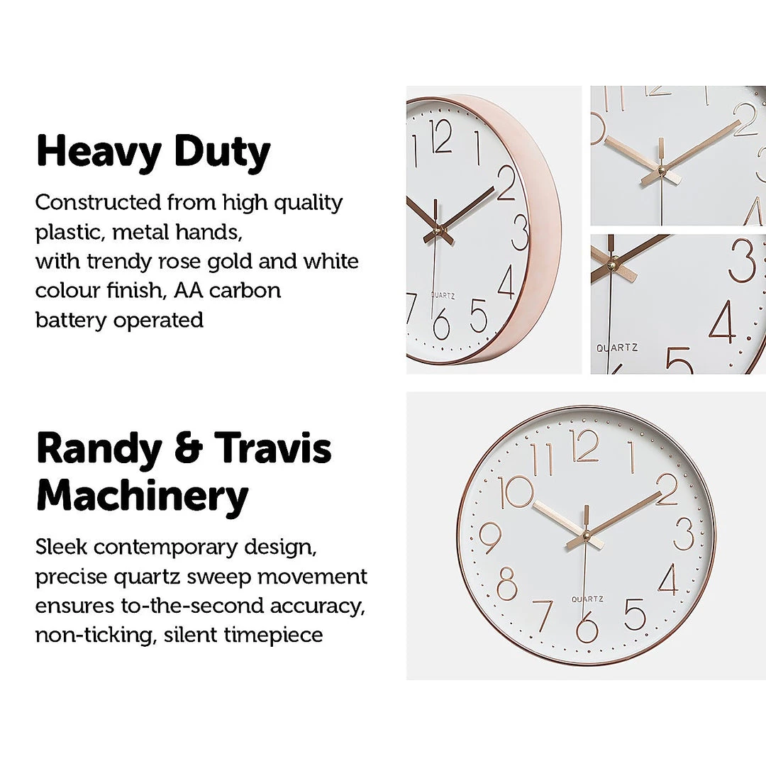 Randy & Travis Machinery Modern Wall Clock Silent Non-Ticking Quartz Battery Operated Rose Gold
