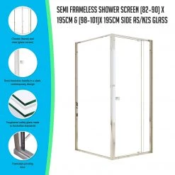 Della Francesca DIY & Renovation Front: (82~90) X 195cm Adjustable Semi Frameless Shower Screen In Chrome Side: (98~101) X 195cm