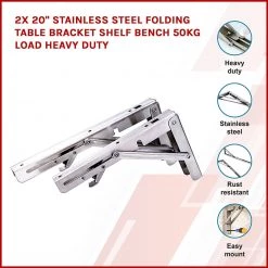 Randy & Travis Machinery 2x 20" Stainless Steel Folding Table Bracket Shelf Bench 200kg Load Heavy Duty