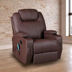 Palermo Brown Massage Sofa Chair Recliner 360 Degree Swivel PU Leather Lounge 8 Point Heated
